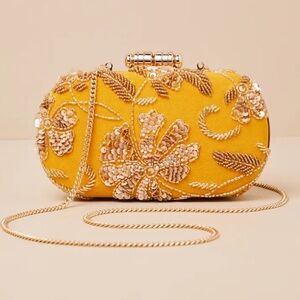 Lulus Box Clutch Evening Bag Golden Yellow Sequined Front with Detachable Chain